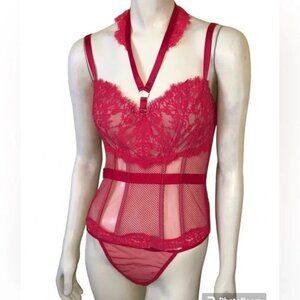 Victorias Secret Red Lace & Mesh Bustier Set 36D XL